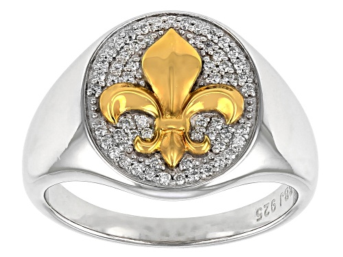 Photo of MOISSANITE FIRE(R) .59CTW DEW ROUND PLATINEVE(R) TWO TONE FLEUR DE LIS MENS RING - Size 9