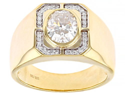 Photo of MOISSANITE FIRE(R) 2.42CTW DEW OVAL AND  ROUND 14K YELLOW GOLD OVER SILVER MENS RING - Size 11