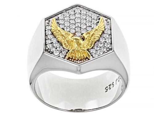 MOISSANITE FIRE(R) .55CTW DEW PLATINEVE(R) AND 14K YELLOW GOLD OVER SILVER MENS EAGLE  RING - Size 12