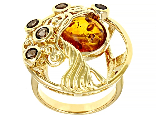 Photo of Máiréad Nesbitt™ 10mm Amber & 0.49ctw Smoky Quartz 18K Yellow Gold Over Silver Tree Of Life Ring - Size 8