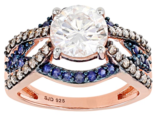 MOISSANITE FIRE(R) 1.90CT DEW WITH CHAMPAGNE DIAMOND & BLUE SAPPHIRE 14K ROSE GOLD OVER SILVER RING - Size 6