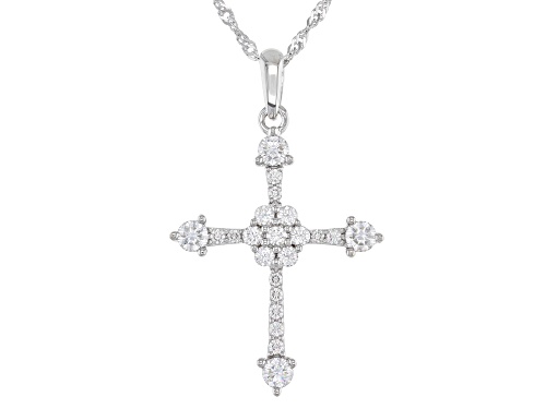 MOISSANITE FIRE(R) .78CTW DEW ROUND PLATINEVE(R) CROSS PENDANT WITH SINGAPORE CHAIN