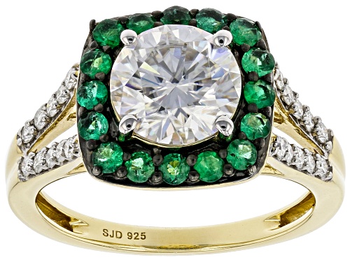 Photo of MOISSANITE FIRE(R) 2.10CTW DEW AND ZAMBIAN EMERALD 14K YELLOW GOLD OVER SILVER RING - Size 8