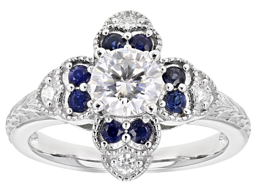 MOISSANITE FIRE(R) .88CTW DEW AND BLUE SAPPHIRE PLATINEVE(R) RING - Size 7