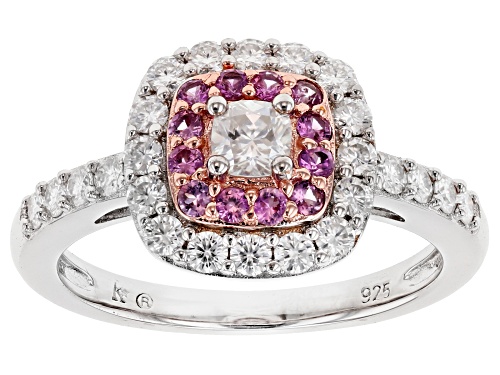 MOISSANITE FIRE(R) .94CTW DEW AND PINK SAPPHIRE PLATINEVE(R) AND 14K ROSE GOLD OVER PLATINEVE RING - Size 11