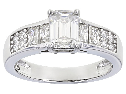 Moissanite Fire® 1.53ctw Dew emerald and baguette cut with round Platineve® ring - Size 10