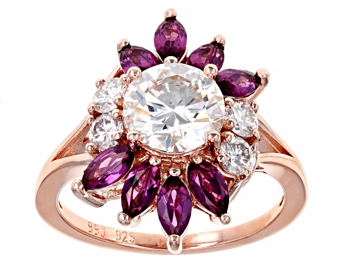 Moissanite Fire(R) 1.90ctw Dew and grape color garnet 14k rose gold over silver ring - Size 11