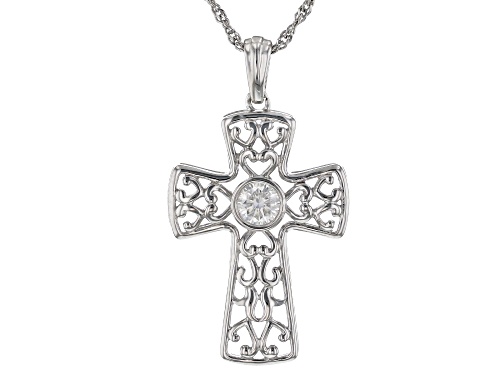 Photo of MOISSANITE FIRE(R) .33CT DEW ROUND PLATINEVE(R) CROSS PENDANT AND SINGAPORE CHAIN
