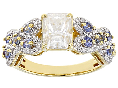 Photo of MOISSANITE FIRE(R) 2.38CTW DEW AND BLUE SAPPHIRE 14K YELLOW GOLD OVER SILVER RING - Size 8