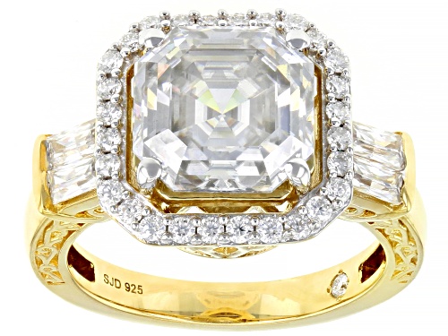 MOISSANITE FIRE(R) 5.29CTW DEW ASSCHER & BAGUETTE & ROUND14K YG OVER SS RING - Size 9