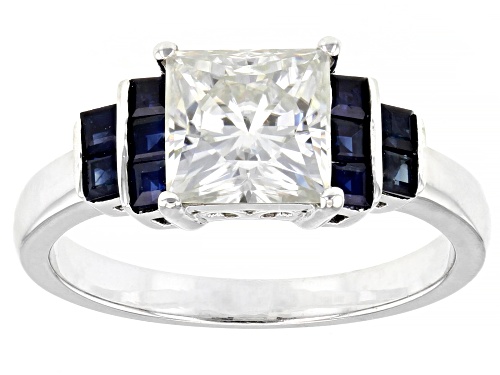 MOISSANITE FIRE(R) 2.10CT DEW SQUARE BRILLIANT CUT WITH SQUARE BLUE SAPPHIRE PLATINEVE(R) RING - Size 10