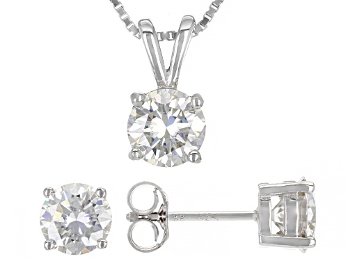 MOISSANITE FIRE® 3.00CTW DEW ROUND PLATINEVE® EARRINGS & PENDANT WITH BOX CHAIN SET