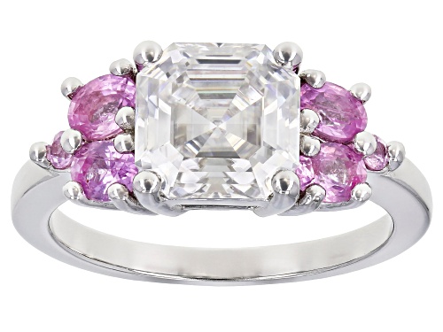 Photo of MOISSANITE FIRE(R) 2.96CT DEW ASSCHER CUT  WITH OVAL & ROUND PINK SAPPHIRE PLATINEVE(R) RING - Size 8