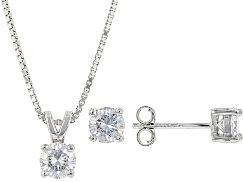 MOISSANITE FIRE(R) 1.50CTW DEW ROUND PLATINEVE(R) EARRINGS AND PENDANT WITH 18 INCH BOX CHAIN SET