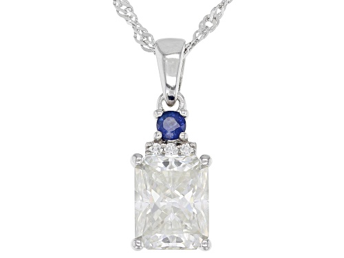 Photo of MOISSANITE FIRE(R) 2.73CTW DEW RADIANT CUT AND ROUND WITH BLUE SAPPHIRE PLATINEVE(R) PENDANT & CHAIN