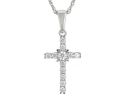 Photo of MOISSANITE FIRE(R) .58CTW DEW ROUND PLATINEVE(R) CROSS PENDANT AND SINGAPORE CHAIN