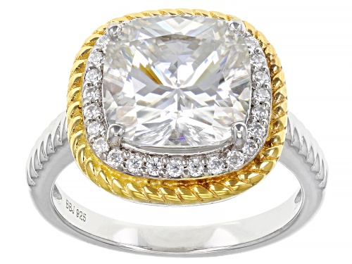 MOISSANITE FIRE(R) 5.30CTW DEW CUSHION CUT & ROUND PLATINEVE(R) TWO TONE HALO RING - Size 11