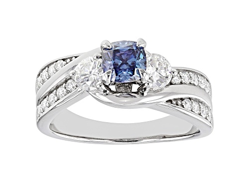 Photo of MOISSANITE FIRE(R) AND BLUE MOISSANITE 1.50CTW DEW CUSHION CUT & ROUND PLATINEVE(R) RING - Size 6