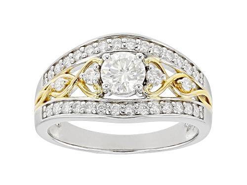 MOISSANITE FIRE(R) .88CTW DEW ROUND PLATINEVE(R) & 14K YG OVER SILVER TWO TONE RING - Size 5