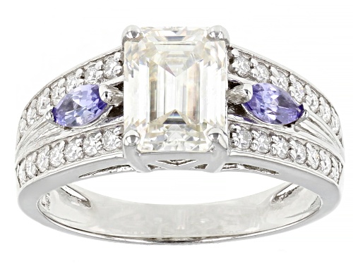 MOISSANITE FIRE(R) 2.03CTW DEW EMERALD CUT & ROUND WITH MARQUISE TANZANITE PLATINEVE(R) RING - Size 7
