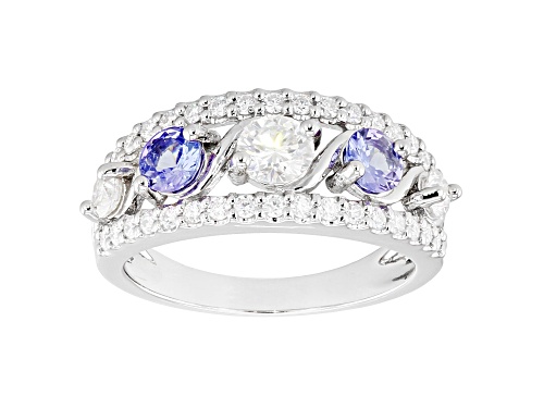 MOISSANITE FIRE(R) .87CTW DEW ROUND AND TANZANITE PLATINEVE(R) RING - Size 7