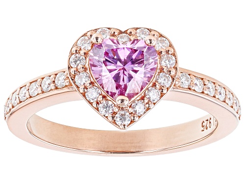 Photo of MOISSANITE FIRE(R) & PINK MOISSANITE 1.08CTW DEW HEART SHAPE & ROUND 14K ROSE GOLD OVER SILVER RING - Size 7