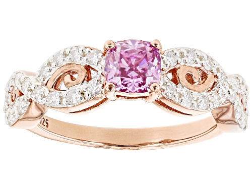 MOISSANITE FIRE(R) & PINK MOISSANITE .90CTW DEW CUSHION CUT & ROUND 14K ROSE GOLD OVER SILVER RING - Size 7