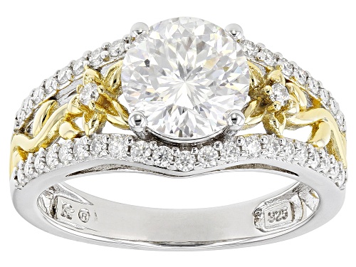 MOISSANITE FIRE(R) 2.63CTW DEW INFERNO CUT(TM) & PLATINEVE(R) & 14K YELLOW GOLD OVER SILVER RING - Size 9