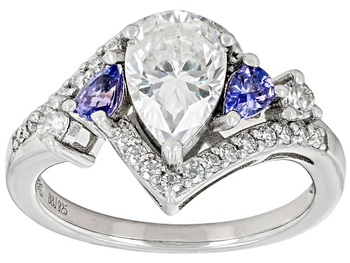 MOISSANITE FIRE(R) 1.86CTW DEW PEAR SHAPE, ROUND & PEAR SHAPE TANZNITE PLATINEVE(R) RING - Size 6