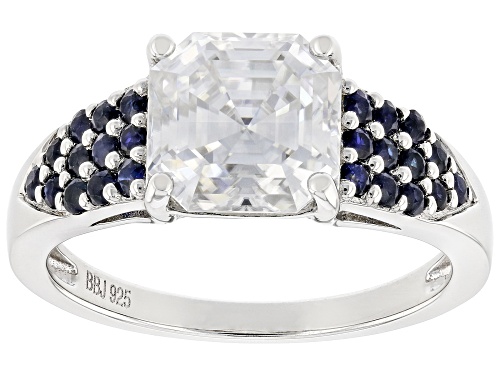 MOISSANITE FIRE(R) 2.96CT DEW ASSCHER CUT & ROUND BLUE SAPPHIRE PLATINEVE(R) RING - Size 7