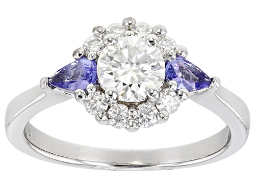 MOISSANITE FIRE(R) .84CTW DEW ROUND & PEAR SHAPE TANZANITE PLATINEVE(R) RING - Size 6