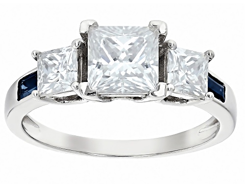 Photo of MOISSANITE FIRE(R) 1.94CTW DEW SQUARE PRINCESS CUT & BLUE SAPPHIRE PLATINEVE(R) RING - Size 8