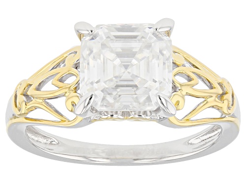 MOISSANITE FIRE(R) 2.96CT DEW ASSCHER CUT PLATINEVE(R) & 14K YELLOW GOLD OVER SILVER RING - Size 9