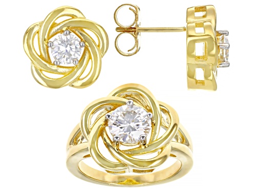 MOISSANITE FIRE® 2.20CTW DEW ROUND 14K YELLOW GOLD OVER RING & EARRING SET