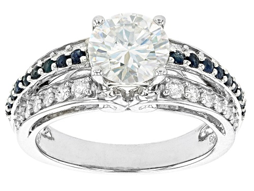 MOISSANITE FIRE(R) 2.46CTW DEW ROUND & ROUND BLUE SAPPHIRE PLATINEVE(R) RING - Size 7