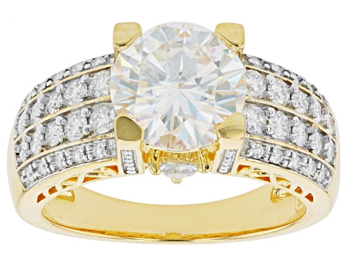 MOISSANITE FIRE(R) 3.64CTW DEW ROUND & TRILLION CUT 14K YELLOW GOLD OVER SILVER RING - Size 8