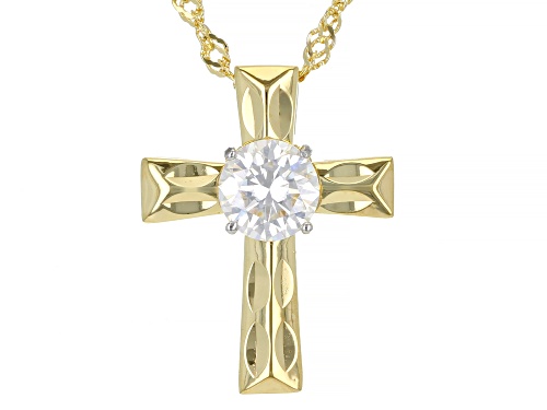 MOISSANITE FIRE(R) .80CT DEW ROUND 14K YELLOW GOLD OVER SILVER CROSS PENDANT & 18 INCH CHAIN