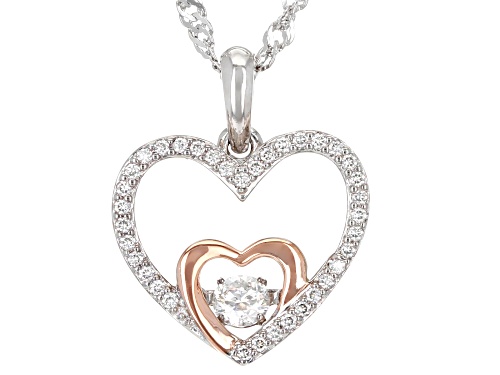 MOISSANITE FIRE(R) .52CTW DEW ROUND PLATINEVE(R) TWO TONE HEART PENDANT & 18 INCH SINGAPORE CHAIN