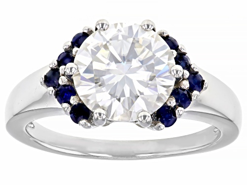 MOISSANITE FIRE(R) 3.10CT DEW ROUND & BLUE SAPPHIRE PLATINEVE(R) RING - Size 6