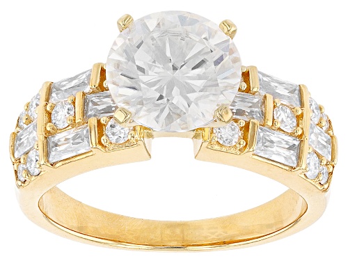 MOISSANITE FIRE(R) 3.80CTW DEW ROUND & BAGUETTE 14K YELLOW GOLD OVER SILVER RING - Size 10