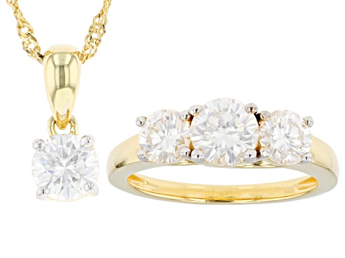 MOISSANITE FIRE(R) 2.60CTW DEW 14K YELLOW GOLD OVER SILVER RING WITH PENDANT & CHAIN SET