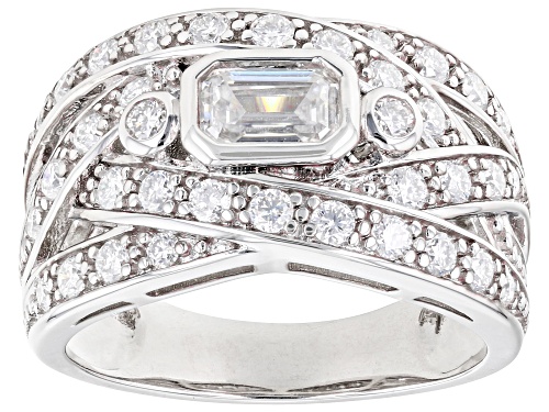 MOISSANITE FIRE(R) 1.58CTW DEW EMERALD CUT & ROUND PLATINEVE(R) RING - Size 6