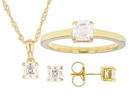 Photo of MOISSANITE FIRE® 1.48CTW DEW ASSCHER 14K YG OVER SILVER  RING & EARRINGS & PENDANT WITH CHAIN SET