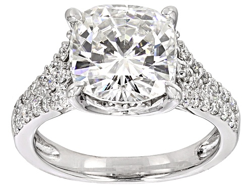 Moissanite Fire® 4.68ctw Dew Cushion Cut And Round Platineve™ Ring - Size 6