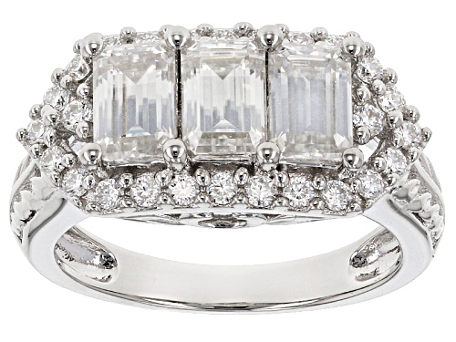 Photo of Moissanite Fire® 2.26ctw Diamond Equivalent Weight Emerald Cut And Round Platineve™ Ring - Size 10