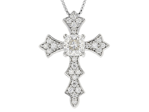 Moissanite Fire® 1.30ctw Dew Cushion Cut And Round Platineve™ Cross Pendant With Chain