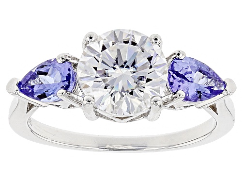 Moissanite Fire® 1.90ct Dew Round And .78ctw Pear Shape Tanzanite Platineve™ Ring - Size 6