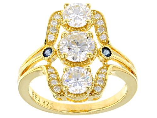 Photo of Moissanite Fire® 1.96ctw Dew And .10ctw  Blue Sapphire 14k Yellow Gold Over Silver Ring - Size 6