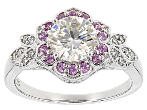Moissanite Fire® 1.32ctw Dew And .27ctw Pink Sapphire Platineve™ Ring - Size 9