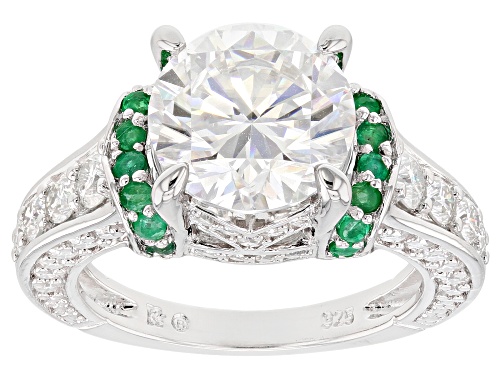 Photo of MOISSANITE FIRE® 4.76CTW DEW ROUND AND .24CTW ROUND ZAMBIAN EMERALD PLATINEVE™ RING - Size 11